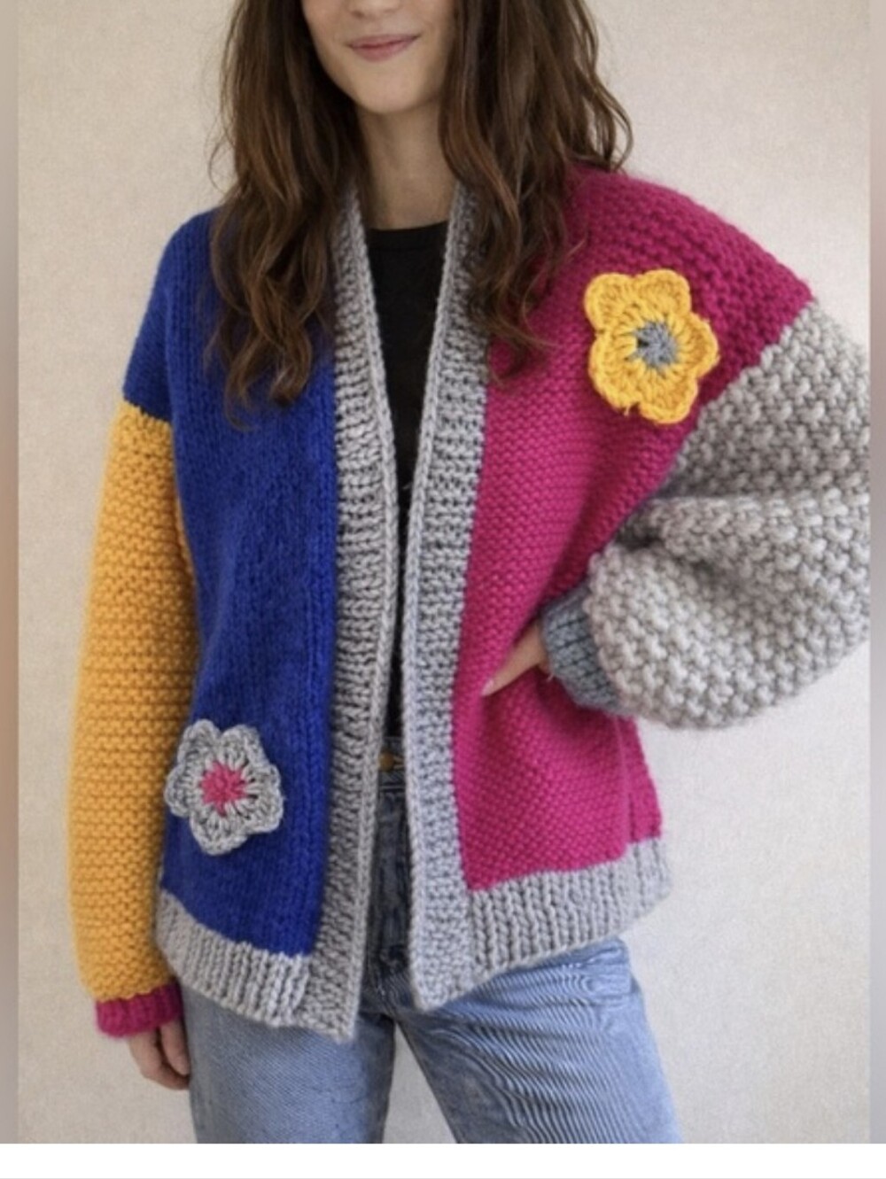 Softee Chunky handmade knit colour block floral embellished cardigan